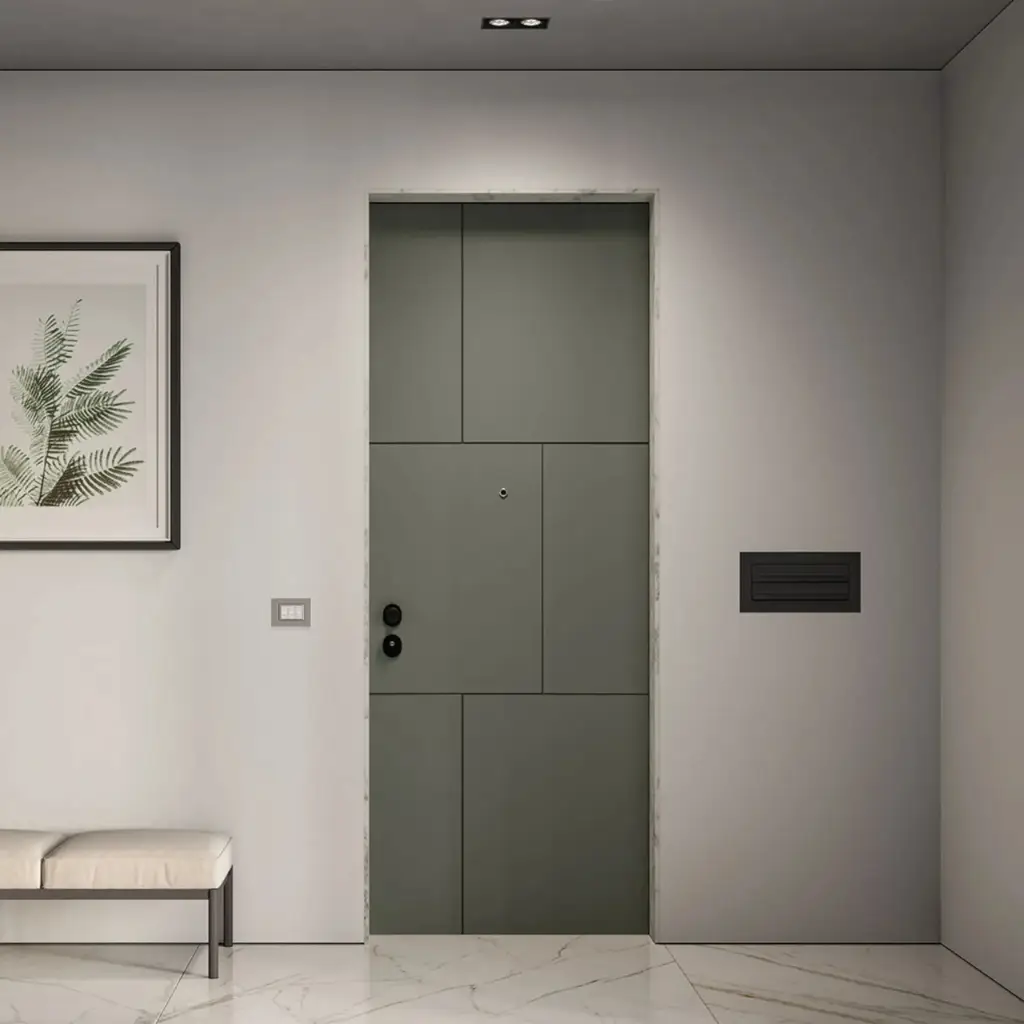 Porta di design blindata verde con rifiniture nere Gardesa